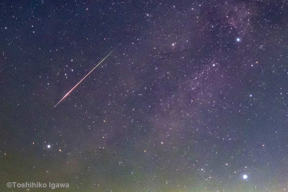 画像:夏の大三角付近に出現した、ペルセウス座流星群の明るい流星